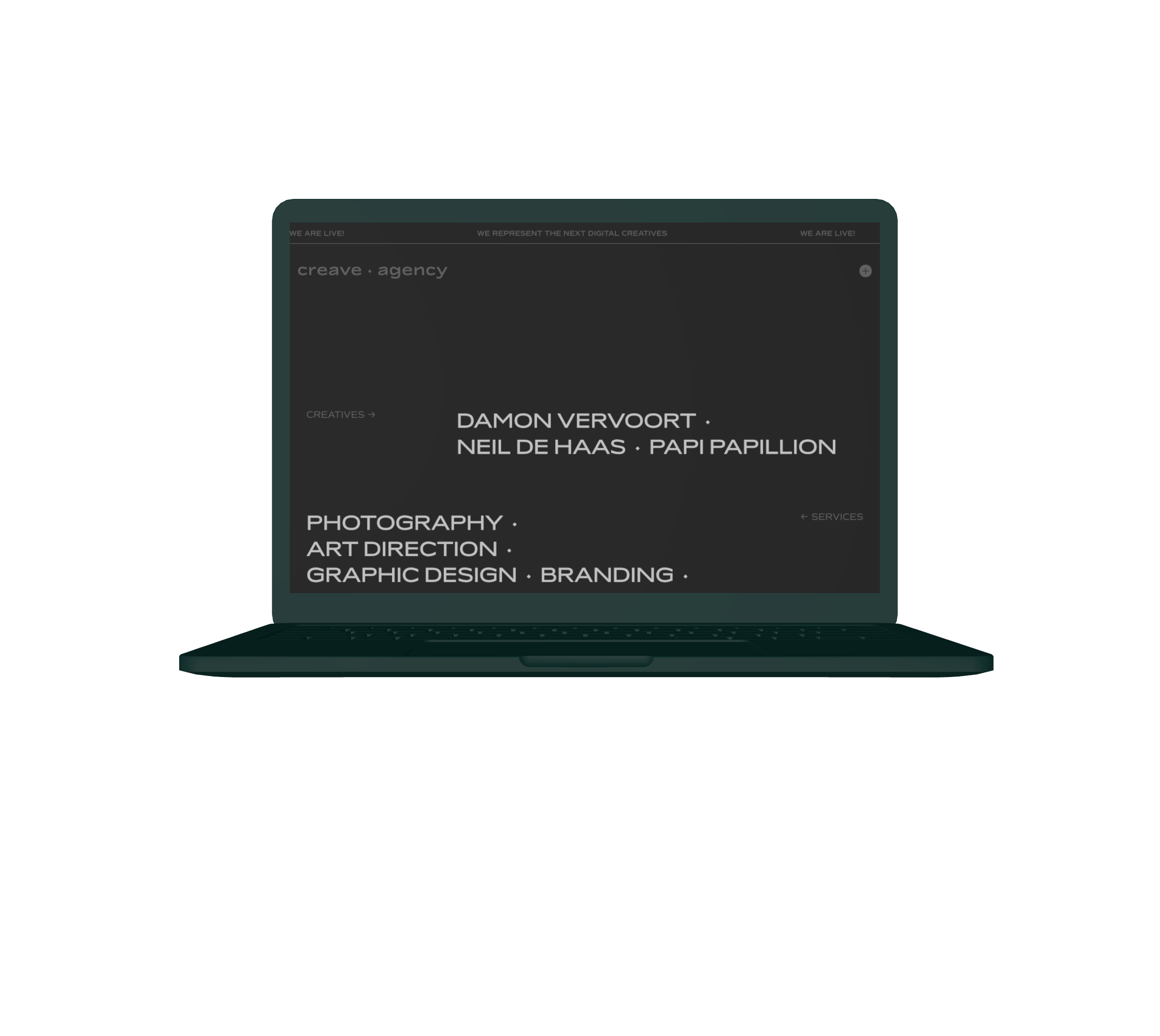 Een laptop die de homepage van Creave Agency laat zien.