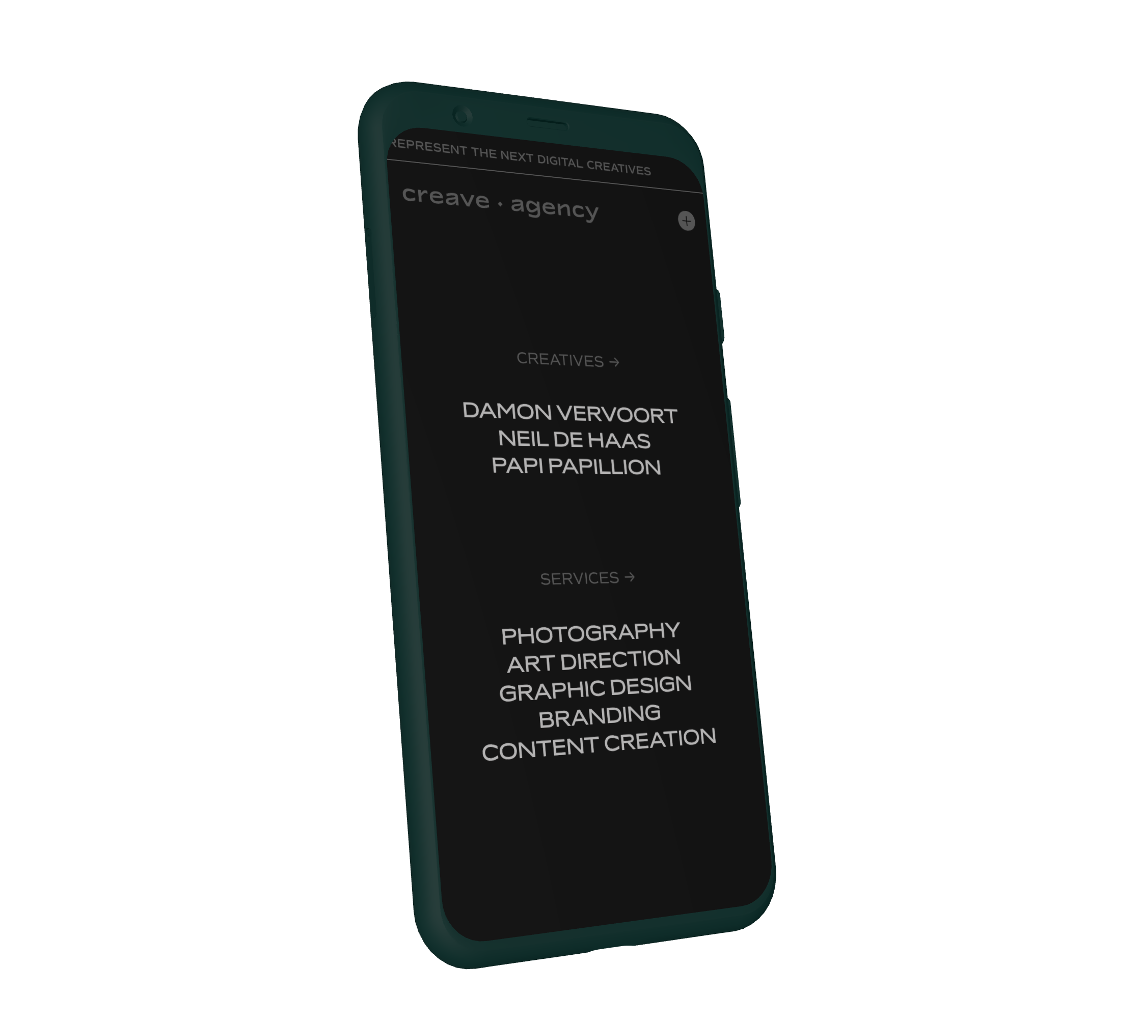 Een telefoon die de homepage van Creave Agency laat zien.