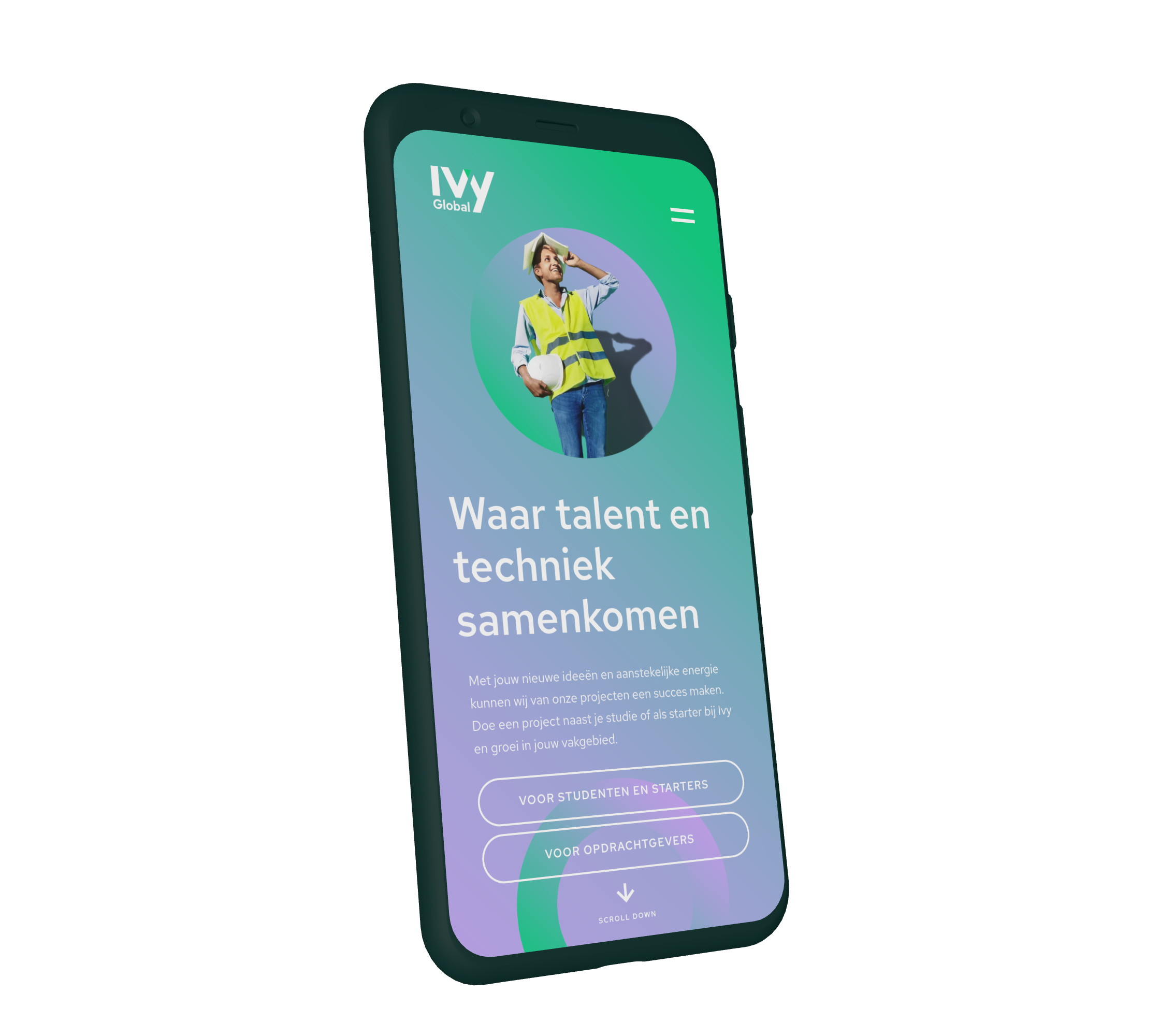 Een telefoon die de homepage van de Ivy Global website weergeeft.