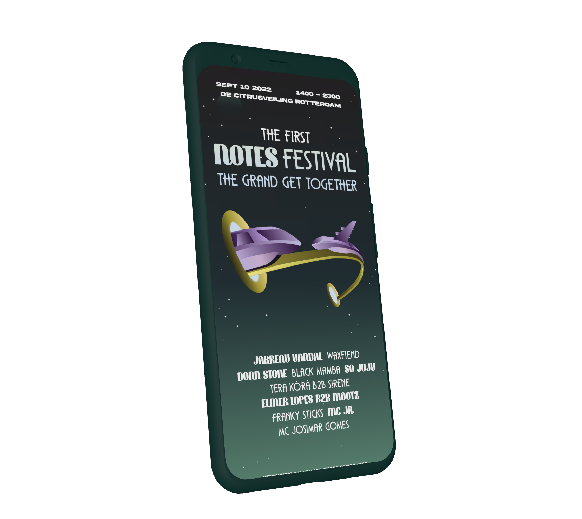 Een telefoon die de homepage van de Notes Festival website weergeeft.